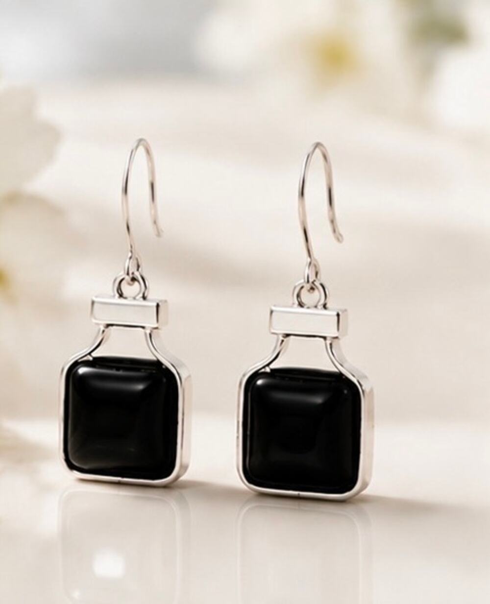 Vintage Kenneth Cole Black Square Drop Dangle Earrings Silver Tone